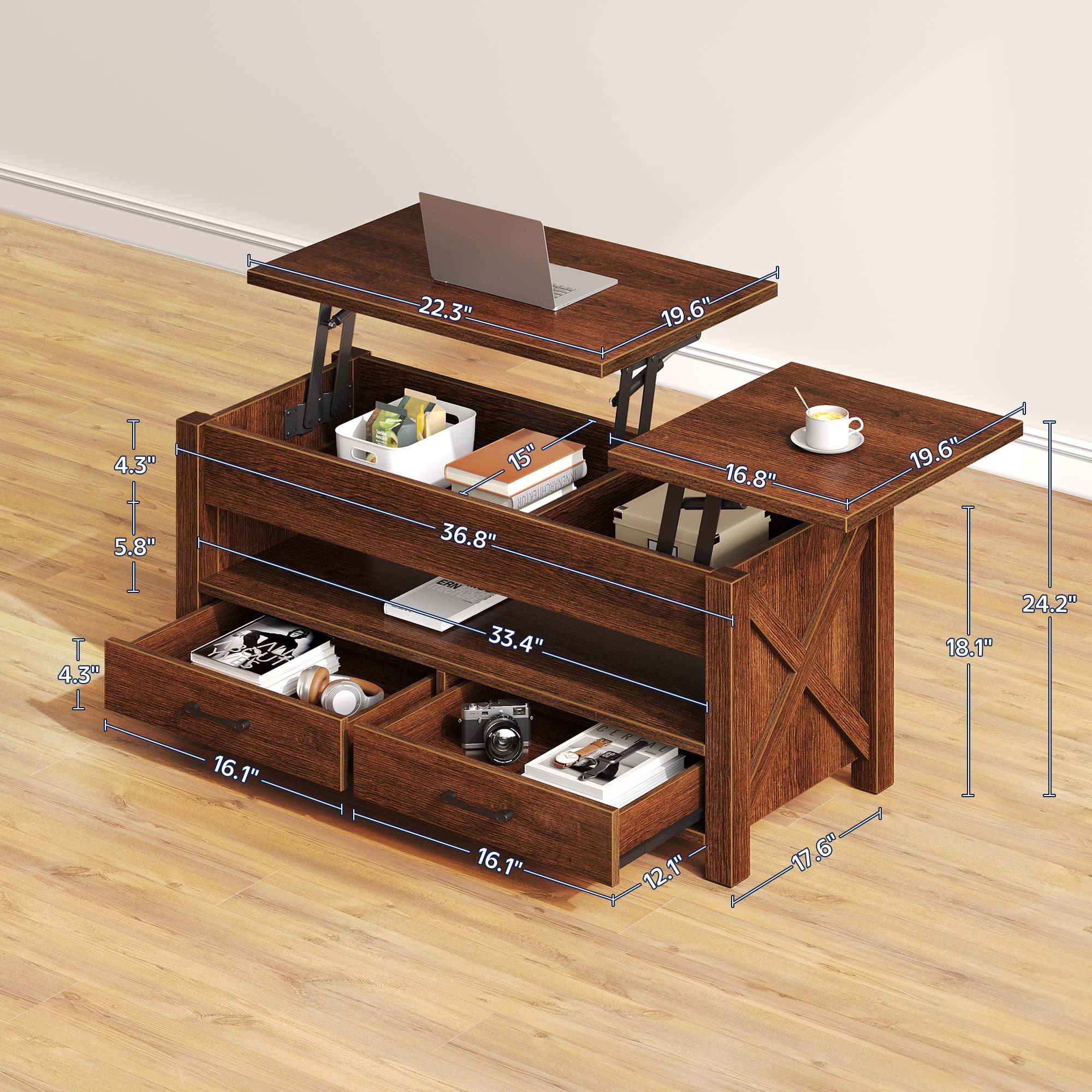 Greenstell Lift-Top Storage Coffee Table - Modern Style with 2 Drawers, Hidden Compartment & Wooden Lift Tabletop - Chestnut - 37"