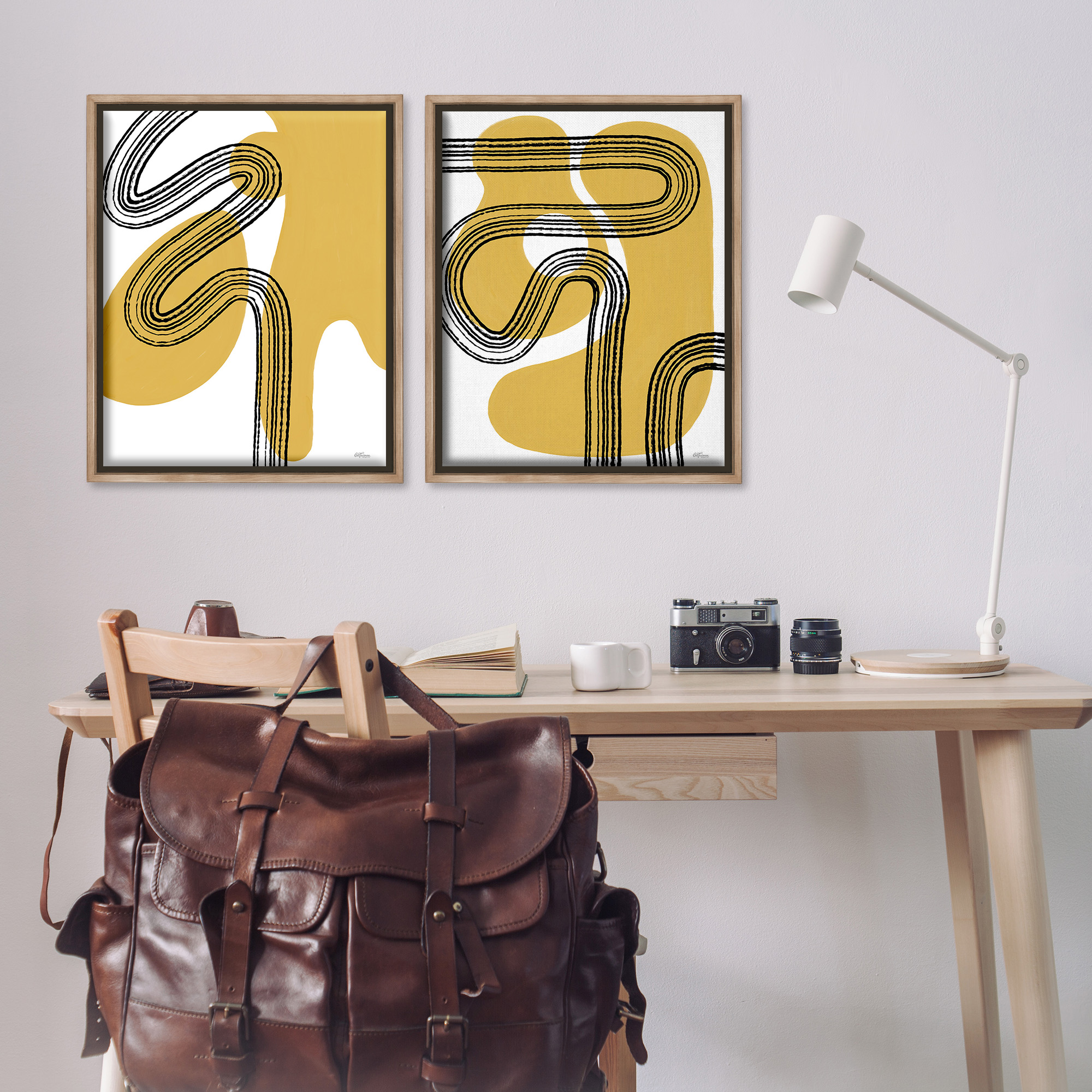 Stupell Industries Wavy Lines Over Shapes Abstract Painting Brown Floater Framed Canvas Art Print Wall Art, 25 x 31, Set of 2