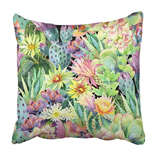 BSDHOME Watercolor Blooming Cactus Exotic Cacti with Flowers Succulent Plants Pillowcase Cushion Cover 18x18 inch