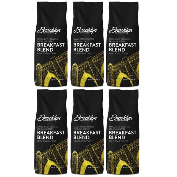Brooklyn Bean Roastery Roasted Coffee Beans Breakfast Blend Arabica Ground Coffee, Light Roast 12 Oz. 6-Pack
