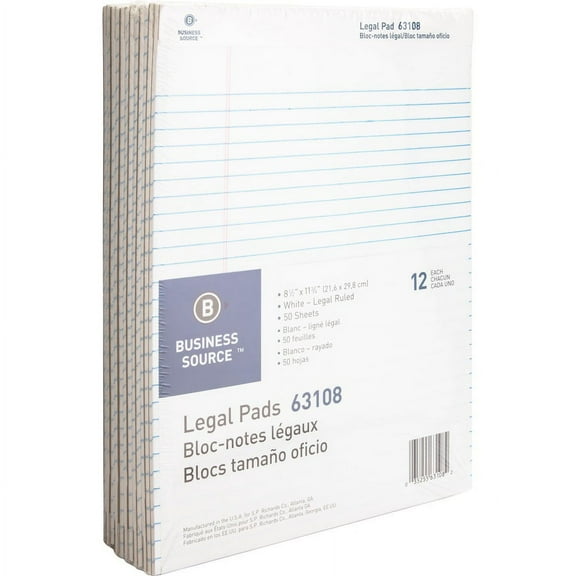 Business Source Micro-Perforated Legal Ruled Pads - 50 Sheets - 0.34" Ruled - 16 lb Basis Weight - 8 1/2" x 11 3/4" - White Paper - Micro Perforated, | Bundle of 2 Dozen