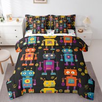 Manfei Funny Retro Robot 7 Pieces Bedding Comforter Set,Intelligent Machine Mechanical Full Bedding Set,Modern Cartoon Fitted Sheet Flat Sheet For Boys Kids,Super Cozy Room Decor Reversible