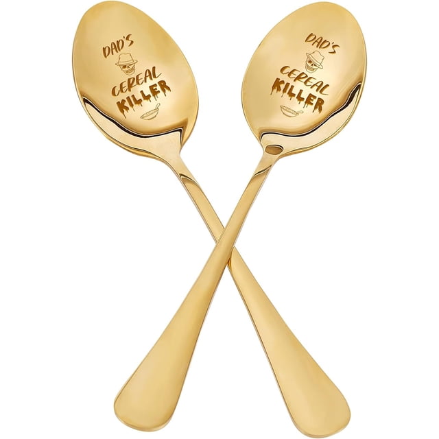 2Pcs Dad's Cereal Killer Spoon with Gift Box Golden Engraved Stainless Steel Table Spoons for Friends Families Festival Christmas Birthday Wedding 7.2''