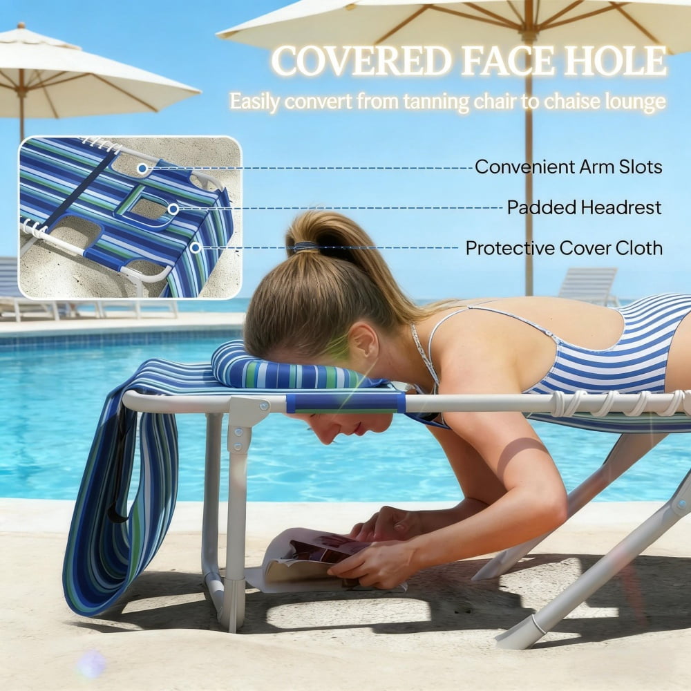 2-Piece Outdoor Lounge Chair with Side Table & Side Pocket 5-Position Adjustable Backrest Face & Arm Holes Folding Beach Pool Lounger 600D Oxford Fabric Carry Strap for Patio Beach Poolside