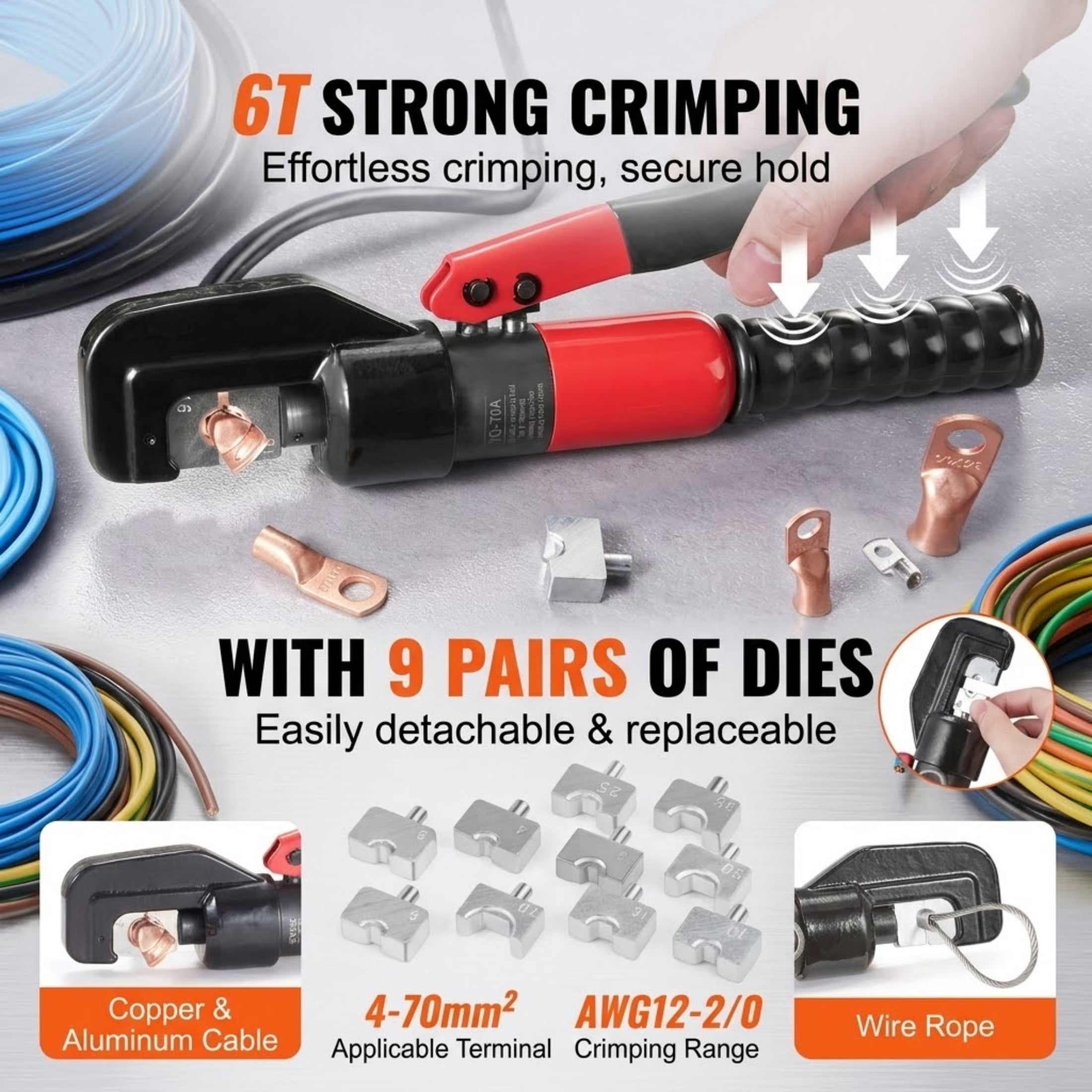 Hydraulic Crimping Tool with 9 Dies, AWG 12-2/0 Copper & Aluminum Lug Crimper Kit with Cutter & Accessories