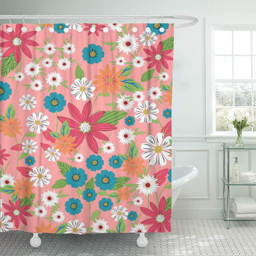 SUTTOM Pink Hot Cute Girly Colours Floral Pattern Dark Shower Curtain
