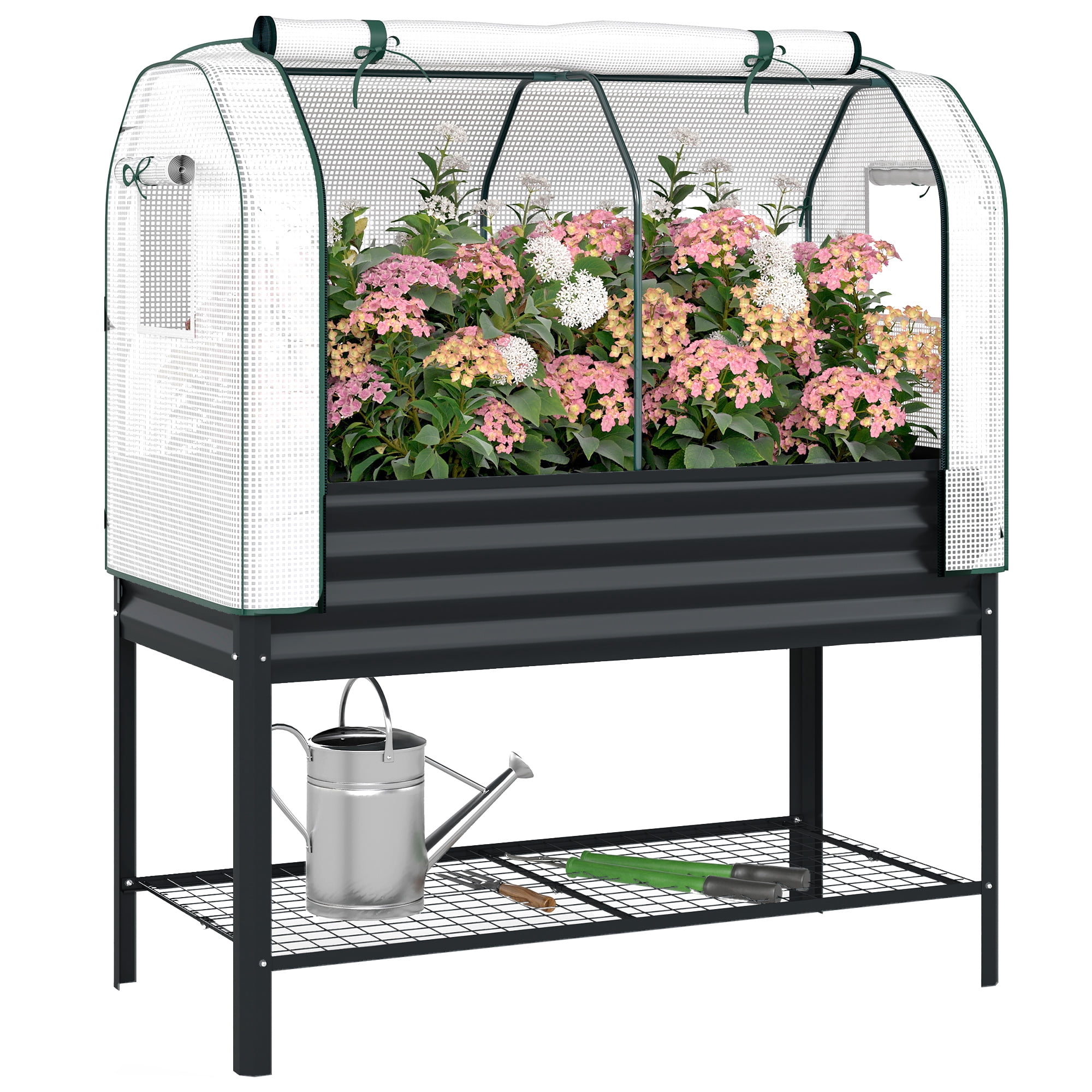 Outsunny Galvanised Raised Garden Bed with Greenhouse Cover, Metal Elevated Garden Bed with Bed Liner and Bottom Shelf, Black