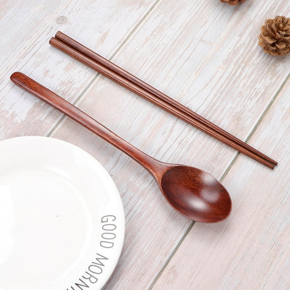 Minkissy wood japanese soup spoons and chopsticks set Coffee 1 Set