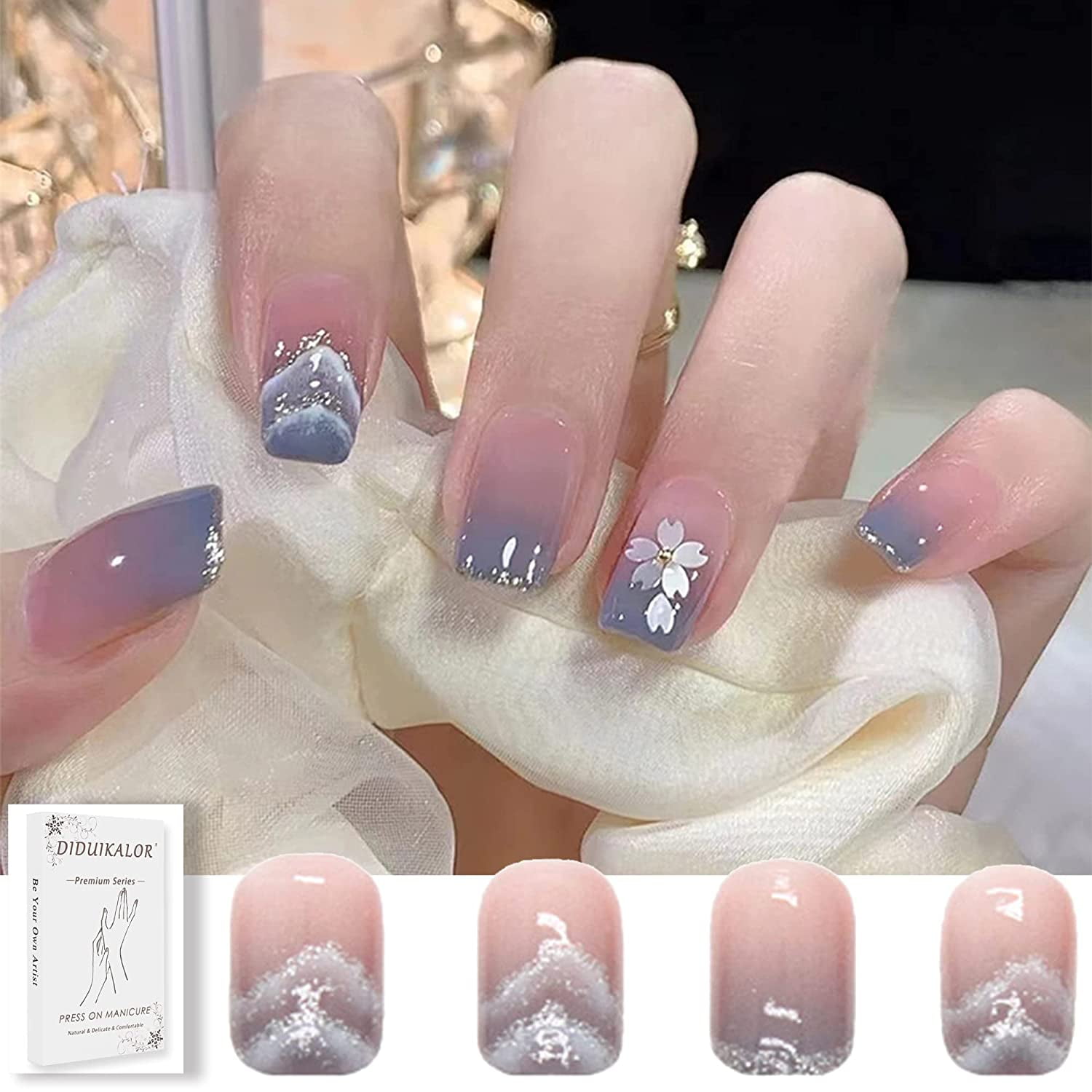 Square Press On Nails Short Oval, Blue Gradient Color Flower Fake Nails  with Nail Glue and Jelly Gel, Acrylic False Nails for Women Girls Trendy  Luxury Charms uñas acrilicas con diseños decoradas -