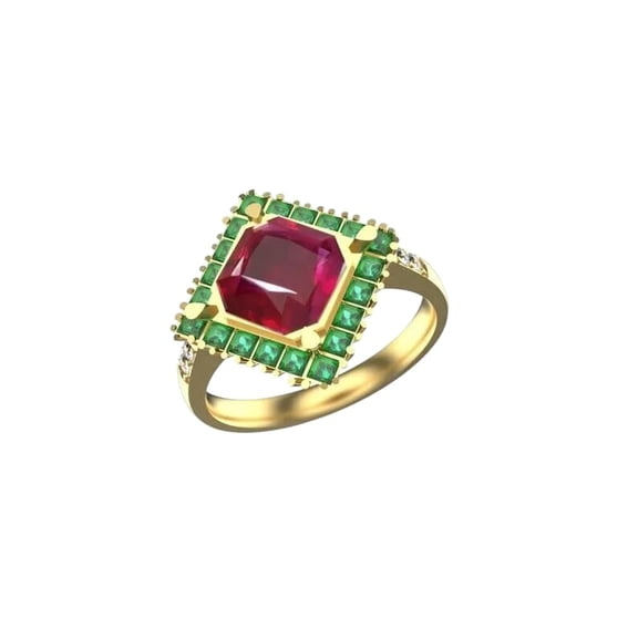 Natural Emerald & Ruby Ring, Emerald Gemstone Ring, AAA Ruby Ring, Womens Ring, Gold Micron, 925 Sterling Silver, Cluster Cocktail Ring, Dainty Minimalist Stacking jewelry, Mother's day Gift Ring