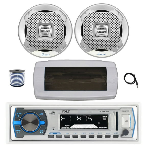 Pyle PLMRB29W Single DIN Bluetooth Marine MP3 AM/FM Stereo Receiver with White Cover, 22" Radio Antenna, Wire, 2x 6.5" 400W Max 2-Way Water Resistant Audio Speakers (Silver)