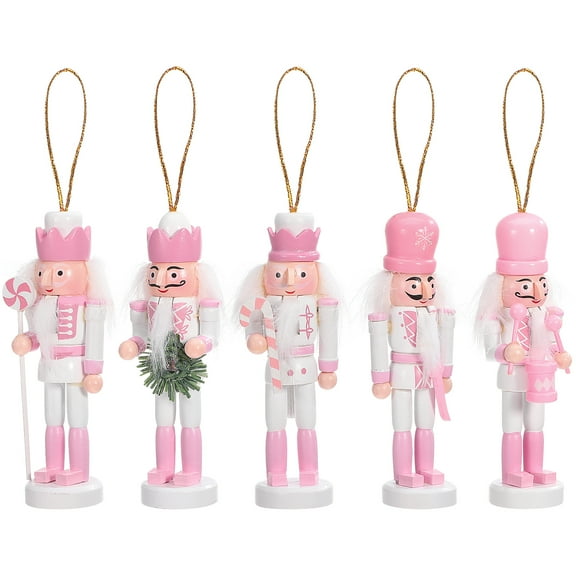 Vosarea-Christmas Nutcrackers, 5Pcs Wooden Hanging Soldier Nutcrackers for Xmas Tree Decor Pink-5''