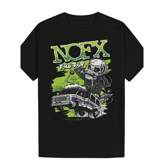Men'S Summer Casual Crew Neck T-Shirt - Vibrant NOFX "Final Tour" Graphic, Black Polyester Tee with Skull & Car Design, Lightweight & Breathable for Casual Attire