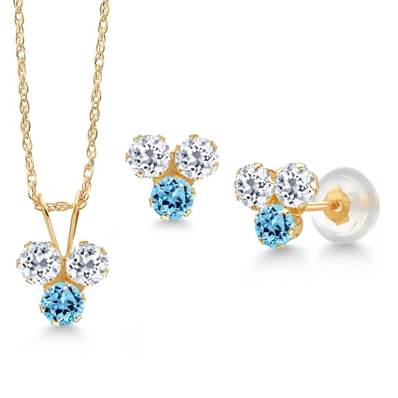 Gem Stone King 14K Yellow Gold White Topaz and Swiss Blue Topaz 3 Stone Pendant and Earrings Jewelry Set for Women (1.29 Cttw, Round 3MM, with 18 inch Chain)