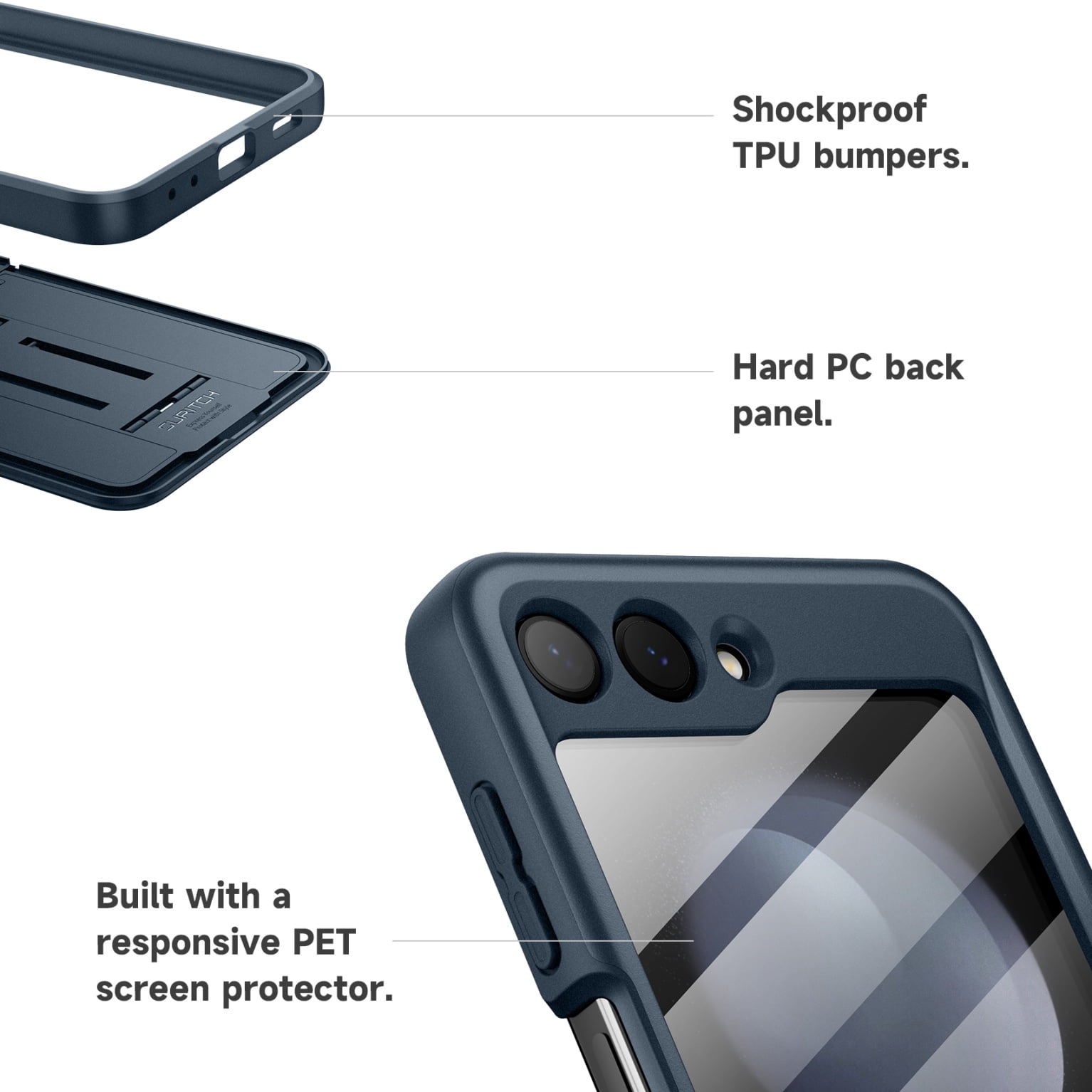 Suritch Cell Phone Case for Samsung Galaxy Z Flip 5 with Built-in Screen Protector and Kickstand, Blue