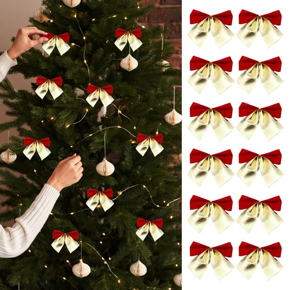 12-Pack Christmas Bow Hanging Ornaments, 2.2in Mini Cloth Decor, Christmas Tree Door Wall Fireplace Charms, Holiday Atmosphere DIY Accessories