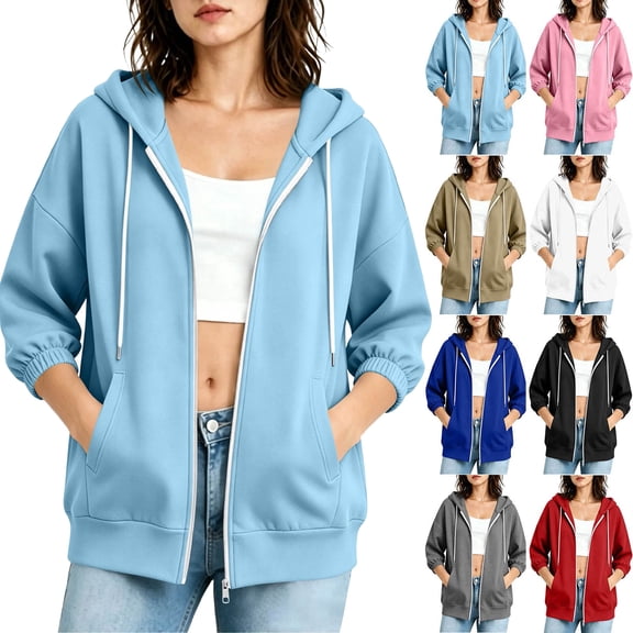 Hoodie Womens Dqueduo Women's Oversized Casual Solid Color Zip-Up 3/4 Sleeve Elastic Cuff Jacket – Drawstring Hoodie Light Blue XL