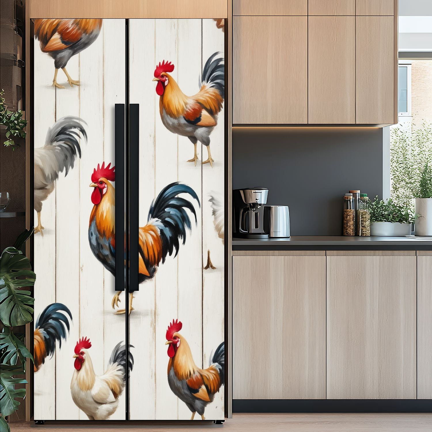 Self Adhesive Vinyl Refrigerator Wrap Set Colorful Roosters Artistic Brushstroke Style Rustic Wood Door Mural Removable Fridge Sticker Peel and Stick&nbsp;Full Door Cover Decal Kitchen Bar Decor