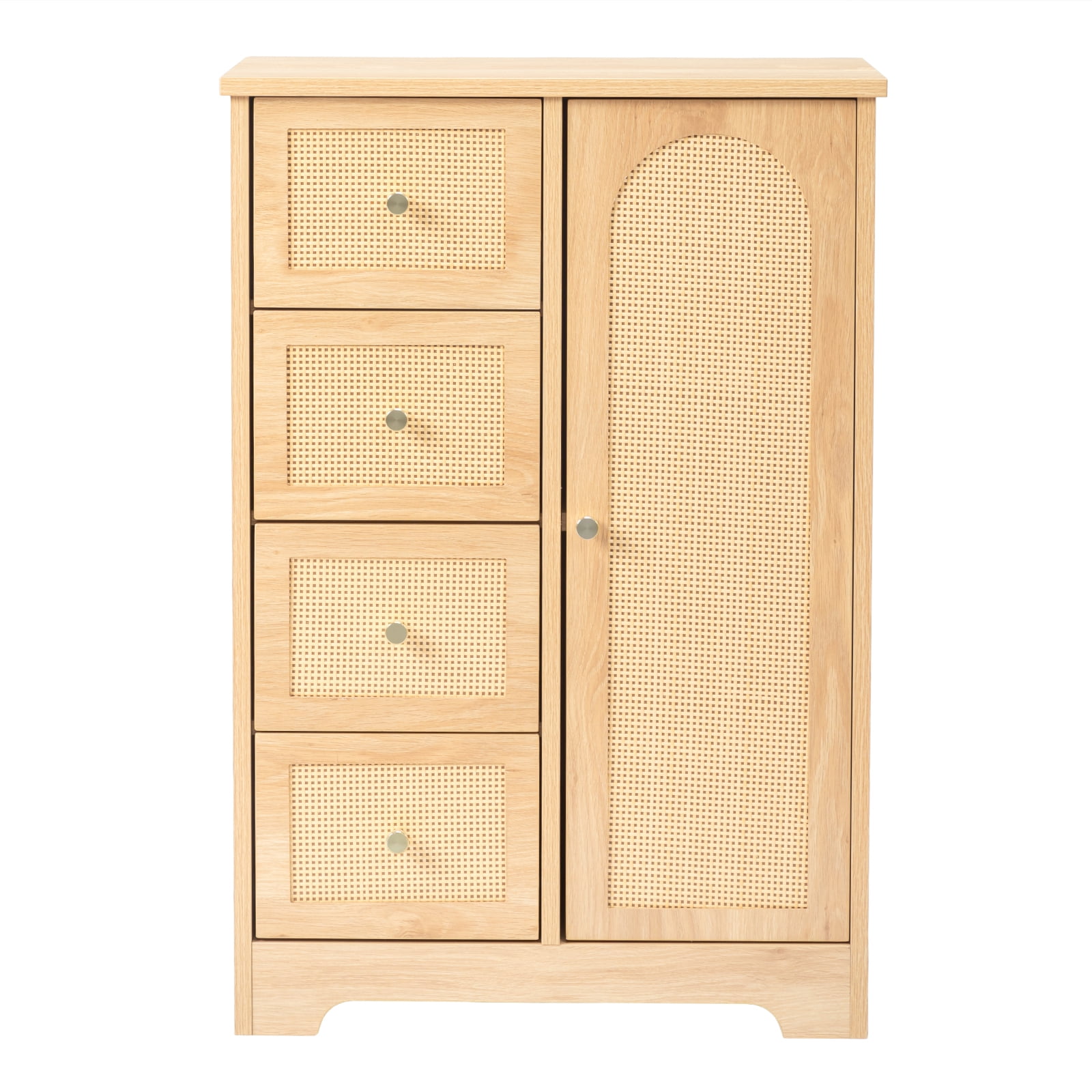 Ktaxon Wooden Bathroom Floor Cabinet, Side Storage Organizer with 4 Drawers, 1 Cupboard & 2-Shelves, Rattan