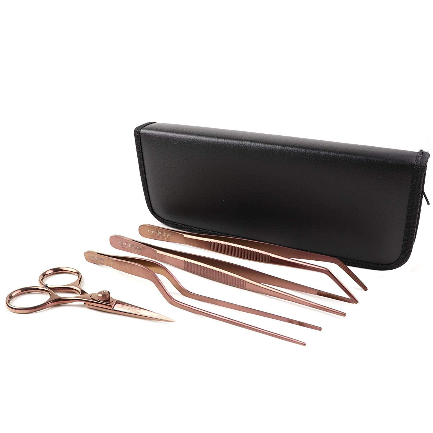 O'Creme Set of Culinary Tweezer Tongs 8 Inch Straight, 8 Inch Offset and 8 Inch Curved, Plus Super Sharp Chef Scissors, Total 4 Pieces Rose Gold