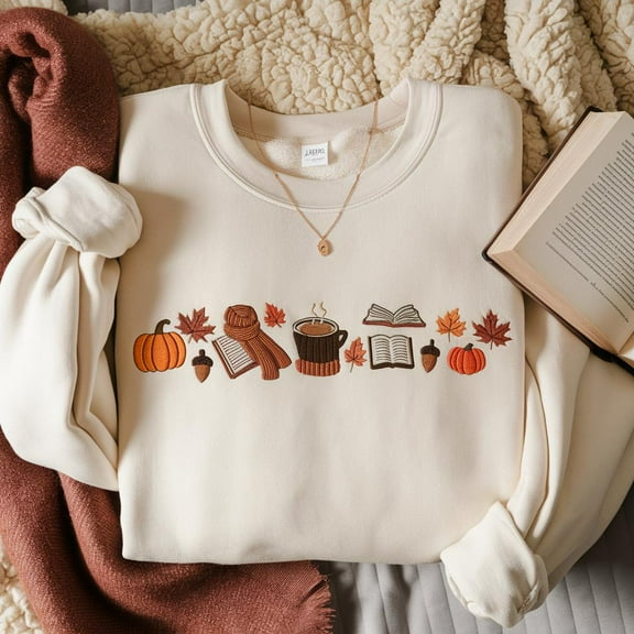 Embroidered Fall Sweatshirt with Pumpkin Spice, Cozy Autumn Crewneck for Thanksgiving, Cute Cottagecore Gift for Her, Trend Fall Gift