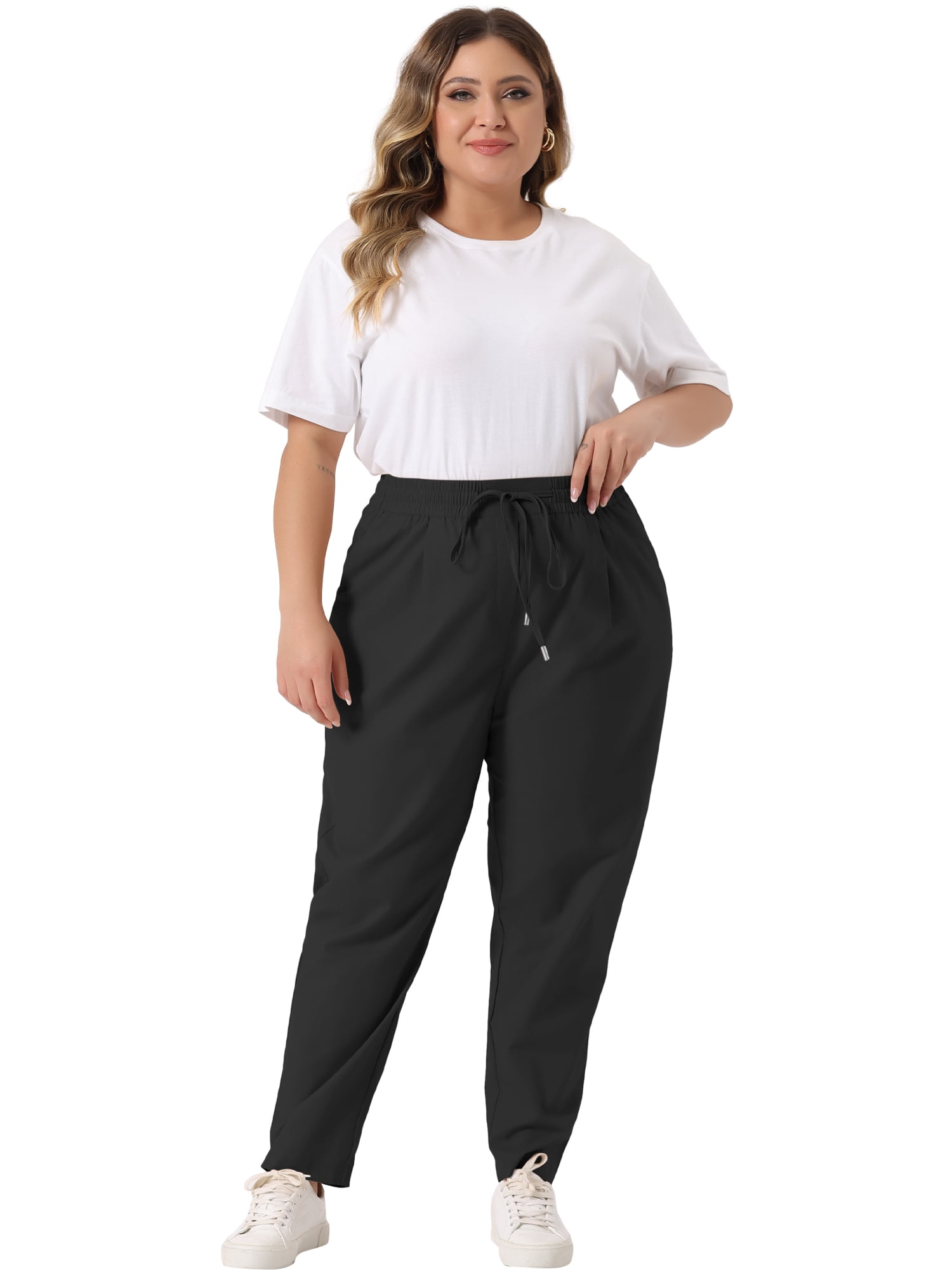 DARING DIVA Women's Plus Straight Leg Elastic Loose Pockets Trousers Black 4X