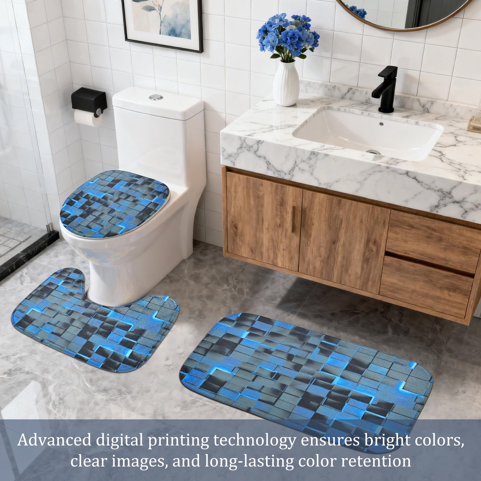 Dznils 3D Blue Cubes Shower Curtains and Bath Rug Set, Modern Fabric Bathroom Curtain Sets, 72" x 72"