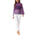 thumbnail image 2 of INSPIRE CHIC Women's Floral Lace Top Turtleneck Puff Long Sleeve See Through Sheer Blouse L Purple, 2 of 6