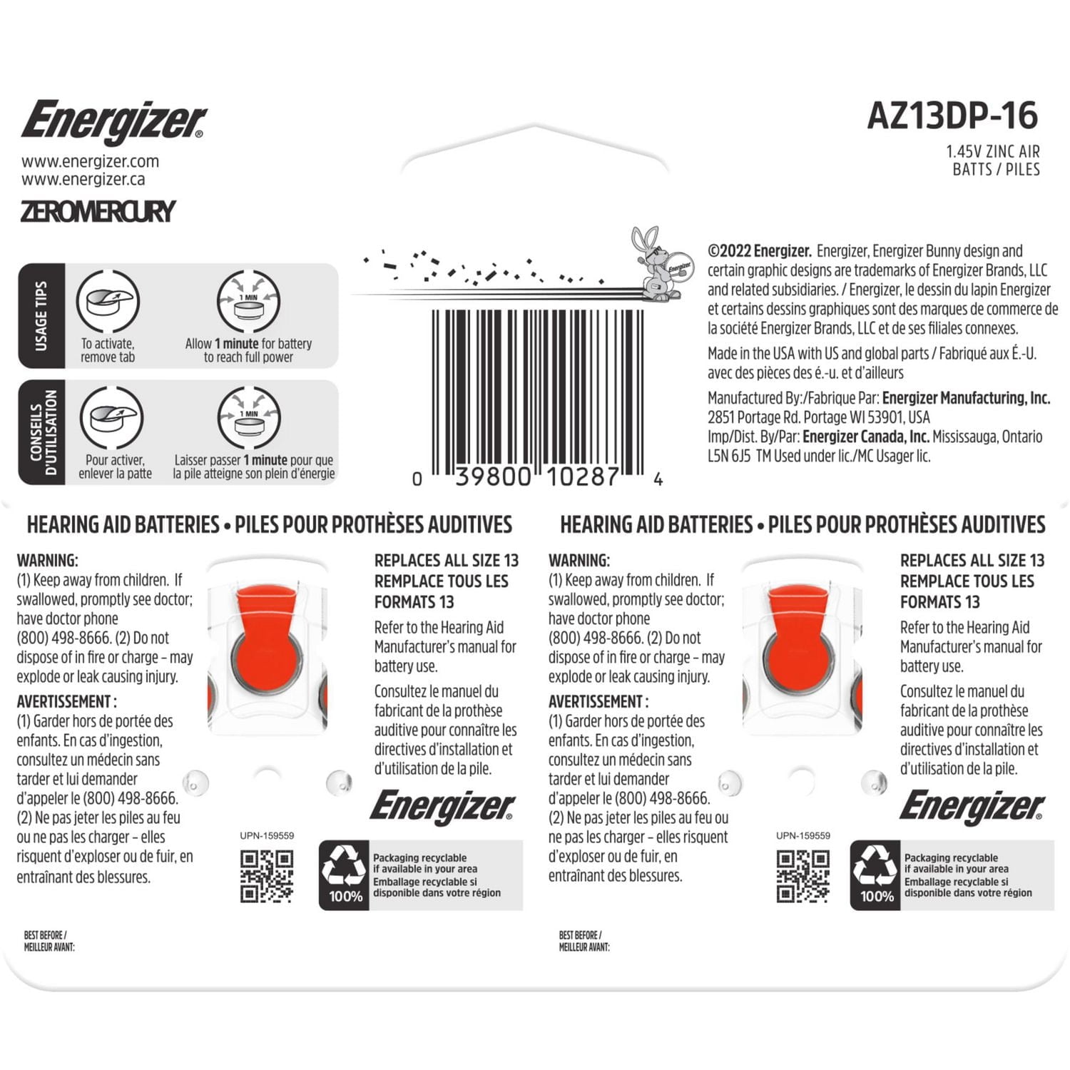 Energizer Hearing Aid Batteries Size 13, Orange Tab, 16 Pack