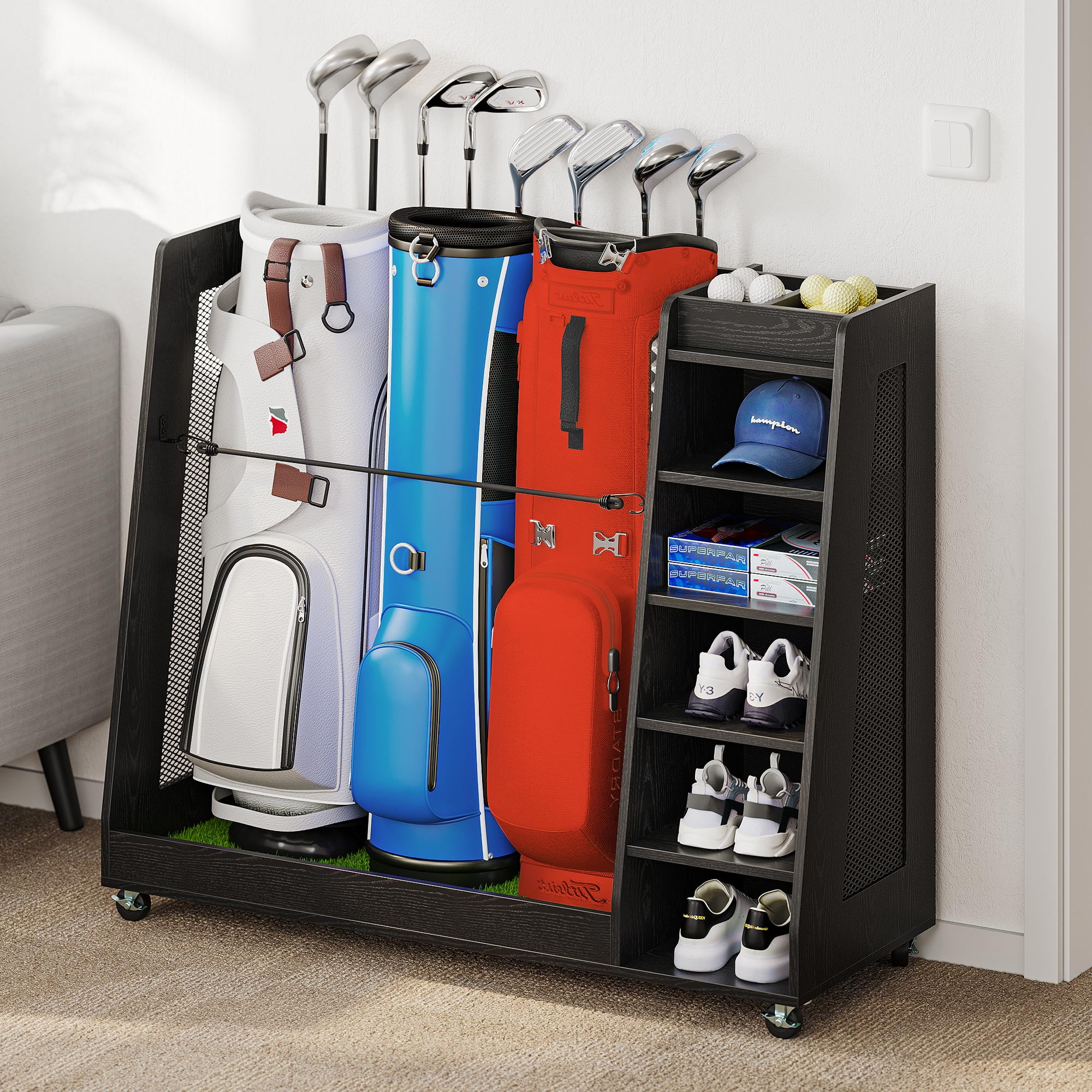 Dextrus Wooden Golf Bag Stand Holder with Wheels, Extra Large