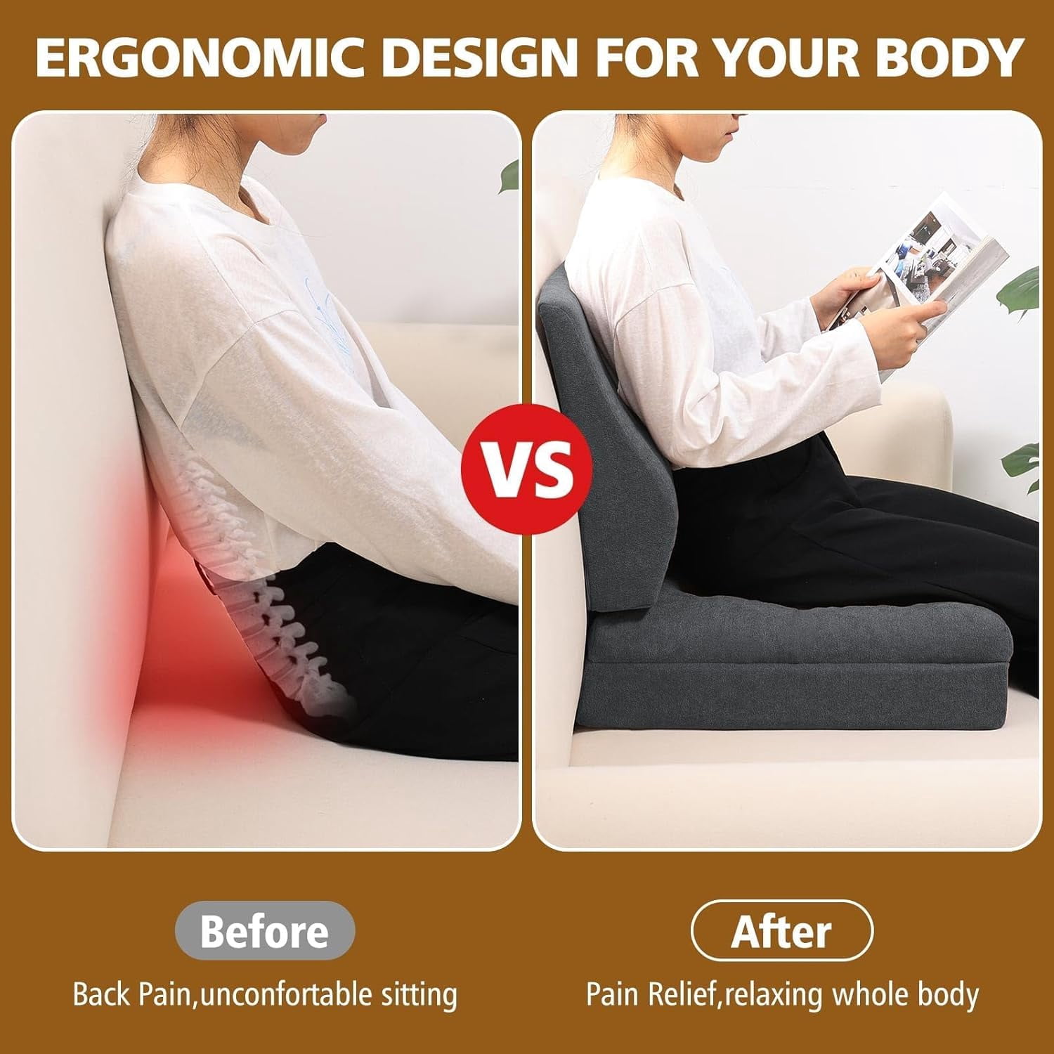 Recliner Seat Cushion for Elderly - Patented Dual Design for Sagging Recliner Replacement & Easy Get Up, Booster Cushion Relieves Back Pain from Sofa, Couch, Chair 20x20x5 Inches Dark Grey