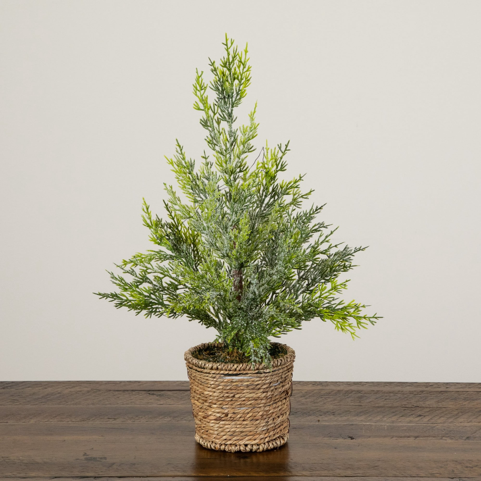 18in. Pre-Lit Artificial Snowed Cypress Christmas Tree with 15 LED Lights in Hyacinth Basket