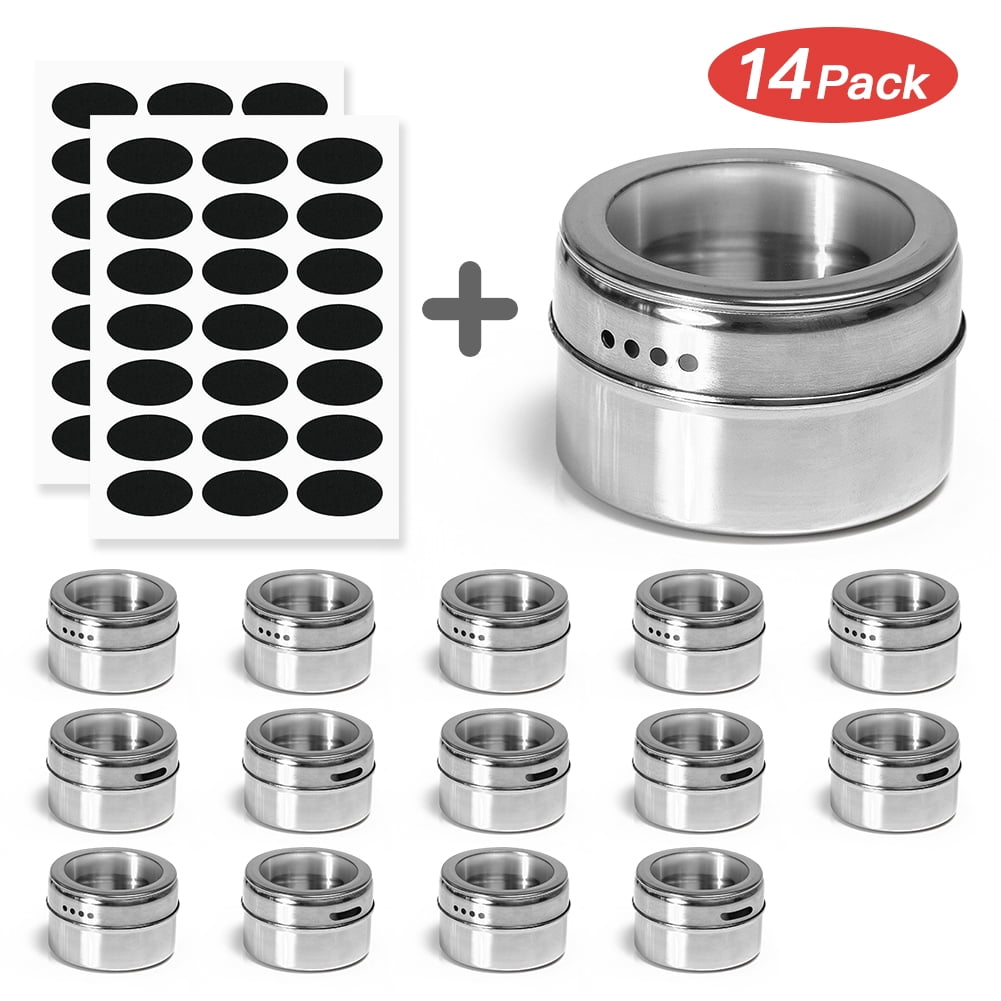 Kepooman 14 Pack Stainless Steel Storage Spice Containers with Sift & Pour Clear Top Lid for Camping Grill, Silver