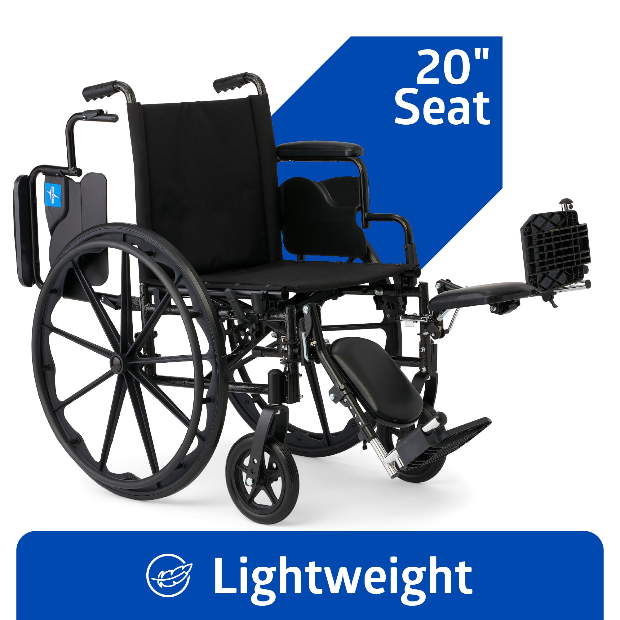 Medline Wheelchair with Swing-Back Removable Desk Arms, Lightweight, Elevating Legrests, 20-In Seat, 300 lb Weight Capacity, Black