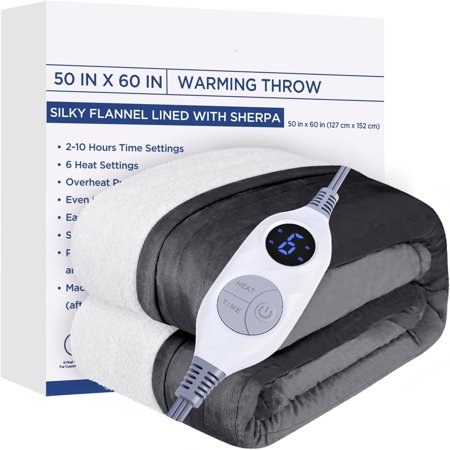 Westinghouse Heated Throw Blanket, Electric Blanket Throw with 6 Heating Levels and 2-10 Hours Time Settings, Flannel to Sherpa Super Cozy Heated Blanket Machine Washable, 50x60 inch