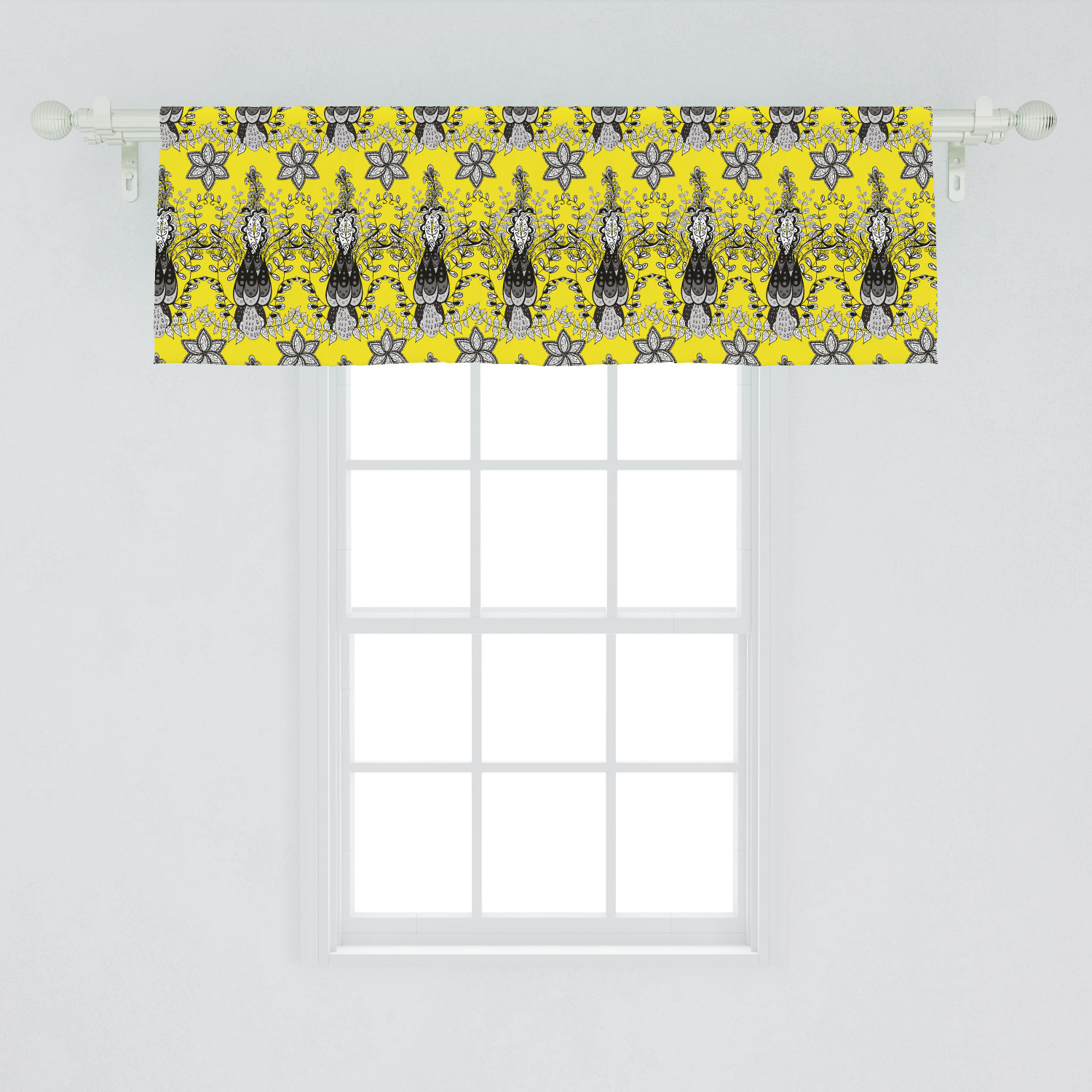 Grey and Yellow Window Valance, Orietal Paisley Floral Design Ivy