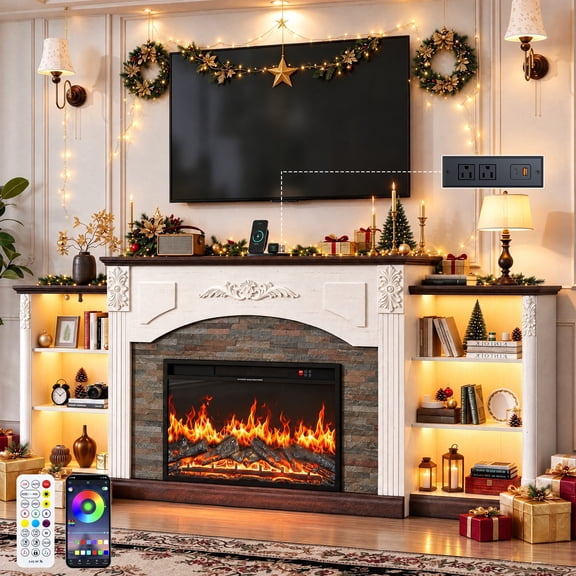 ANPOO 90" Electric Fireplace with Mantel, Farmhouse Fireplace TV Stand for TVs up to 100", LED Entertainment Center w/ 26" Fireplace Insert Heater, Stacked Stone Surround & Charging Station, White