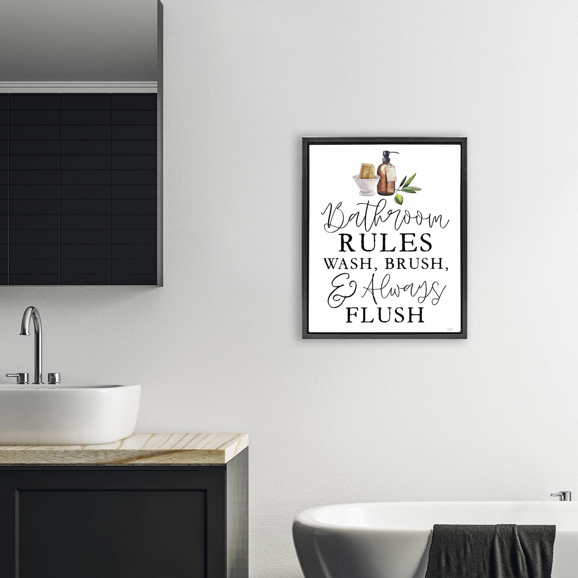 Stupell Industries Wash Brush & Always Flush Black Framed Floater Canvas Wall Art, design by Lux + Me Designs