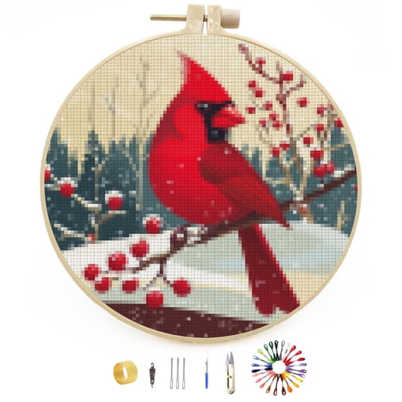 DIY Stamped Cross Stitch Kits Red Northern Cardinal Window Scene Easy for Beginners with Hoop 11CT Counted Embroidery Needlepoint Crafts Arts for Handmade Enthusiasts and Home Decor 30x30cm(1)