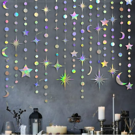 Iridescent Star Moon PresNok Circle Dot Garland Party Decoration Crescent and Twinkle Little Star Streamer Bunting Banner for Kids First Birthday Ramadan EID Mubarak Baby Shower Wedding Decor