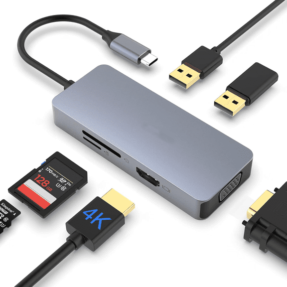 USB C Hub, Docking Station, 6 in 1 Docking Station Type C Hub with 4K HDMI Port, VGA Port, 2 USB 2.0 Ports, SD/TF Card Reader, for MacBook and Other Type C Laptops