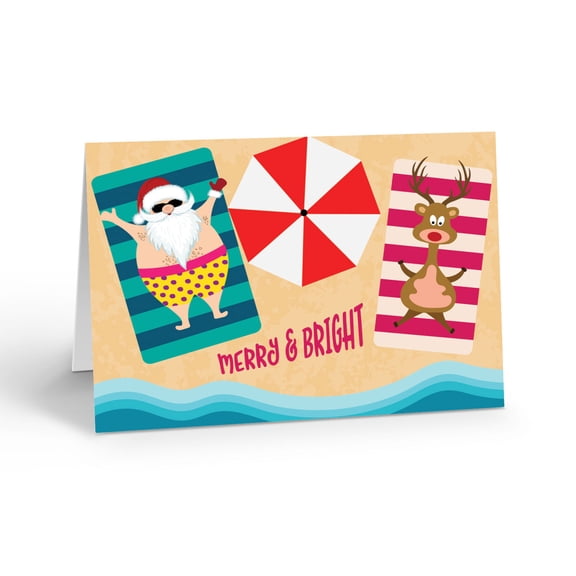 Sunbathing Santa and Reindeer - Blank Interior - 12 Holiday Cards and Envelopes