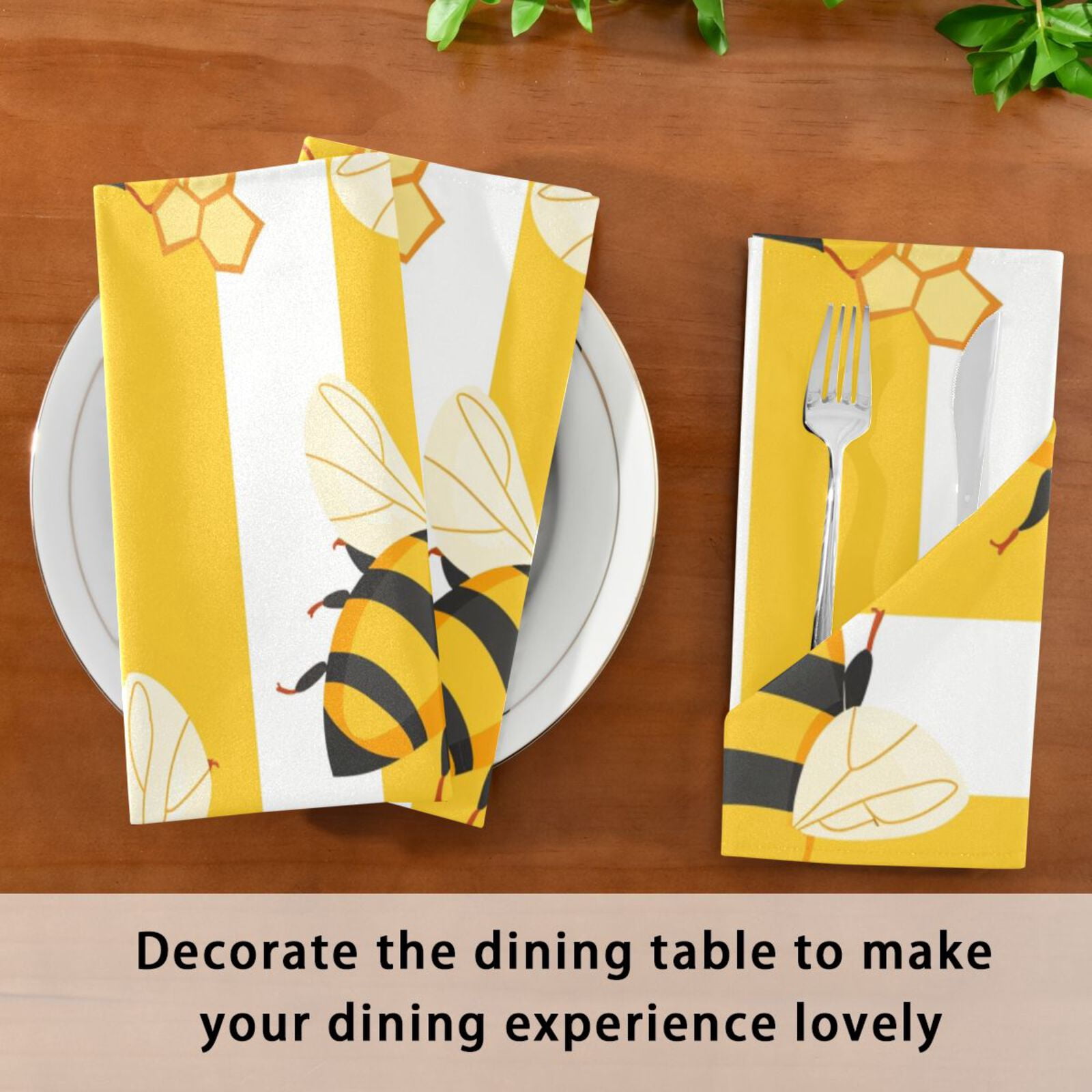 JSTEL Bee Honeycomb Stripe Cloth Napkins Set of 6, 20x20 Inch Washable and Reusable Napkin for Decoupage Dinner Party Everyday Use