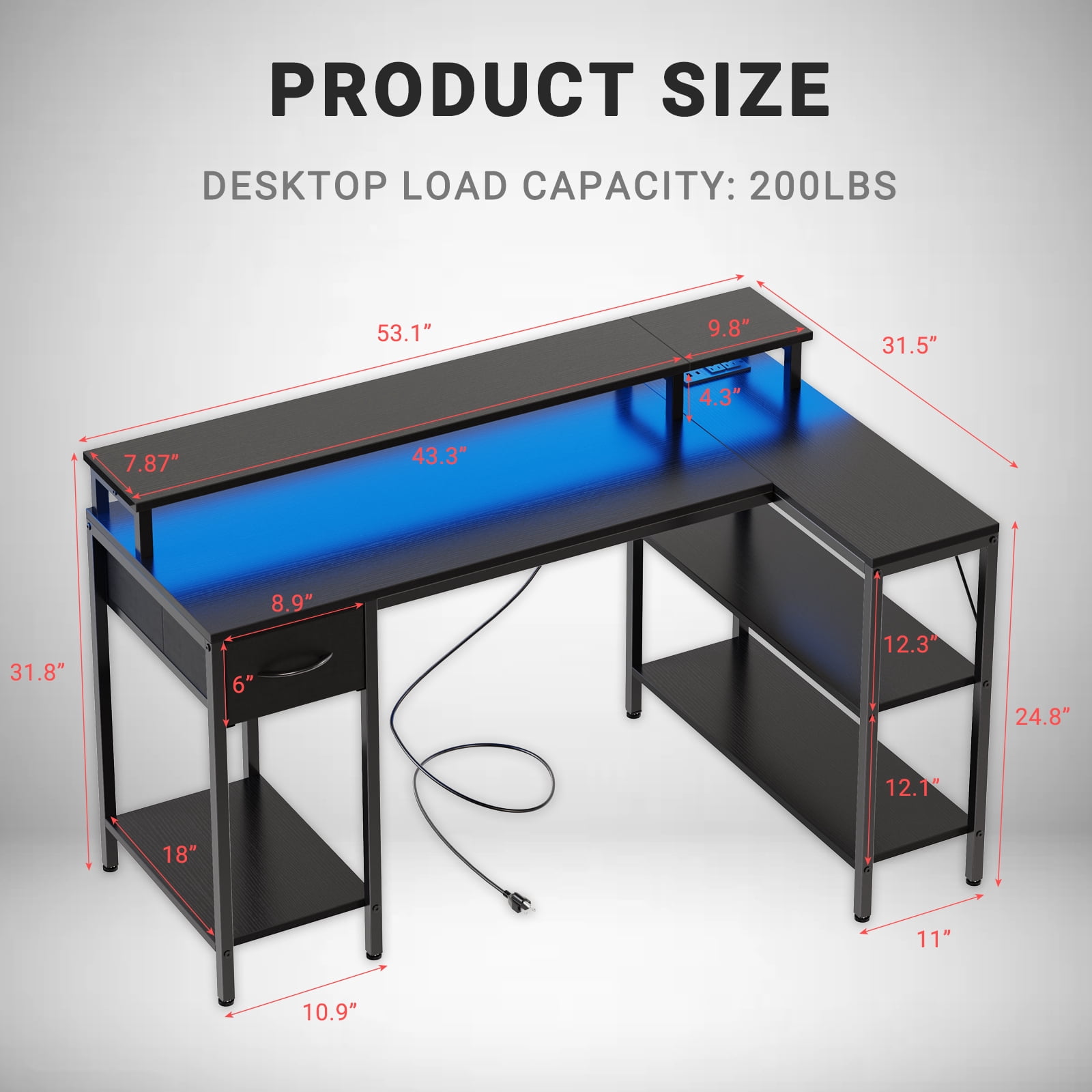 KPUY 53-Inch L Shaped Desk with USB Charging Port LED Light and Monitor Stand, Gaming Desk Home Office Desk for Home Office Dorm Sturdy Writing Workstation, Black