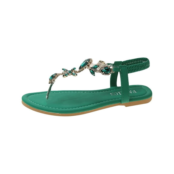Womens Clip Toe Sandals Boho Crystal Rhinestone T-Strap Flats Casual Summer Elastic Ankle Strap Bohemian Walking Shoes