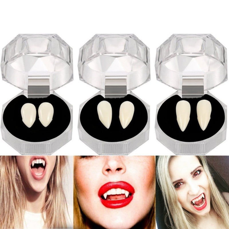 DiDaDi Halloween Party Cosplay Prop Decoration Vampire Tooth Zombie Ghost Devil Horror False Teeth Fangs Dentures Costume with Crystal Case HOMEYA 3 Pairs