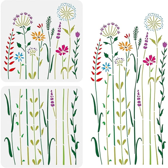 2Pcs Wildflower Stencils 12x12inch Tall Flower Weeds Tree Plants PET Painting Templates Drawing Stencils for Scrapbooking Wall Art