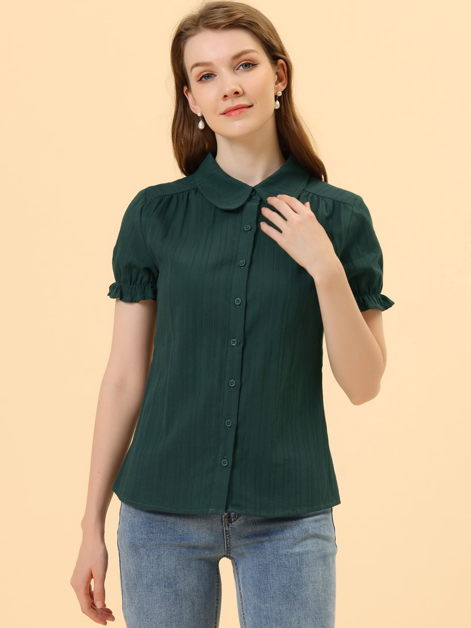 DARING DIVA Women's Cotton Frilled Peter Pan Collar Blouse L Dark Green