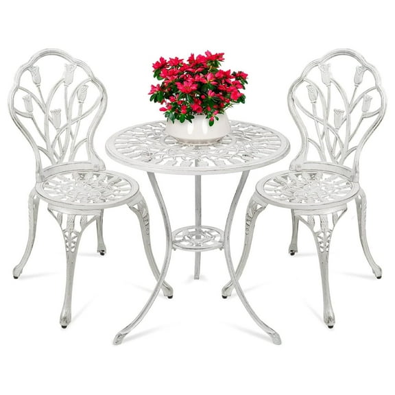 3-Piece Outdoor Rust-Resistant Cast Aluminum Patio Bistro Set w/ Design, Antique Finish - White