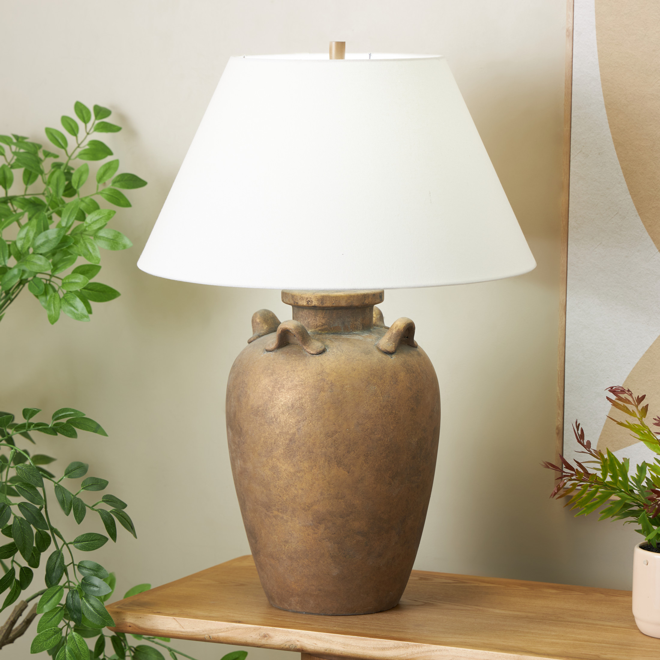 DecMode 28" Antique Pot Vase Brown Table Lamp with Cream Linen Shade